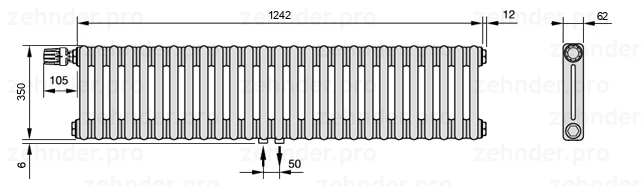 Схема (чертеж) Радиатор Zehnder Charleston 2035/27 №V007 Белый глянцевый RAL 9016